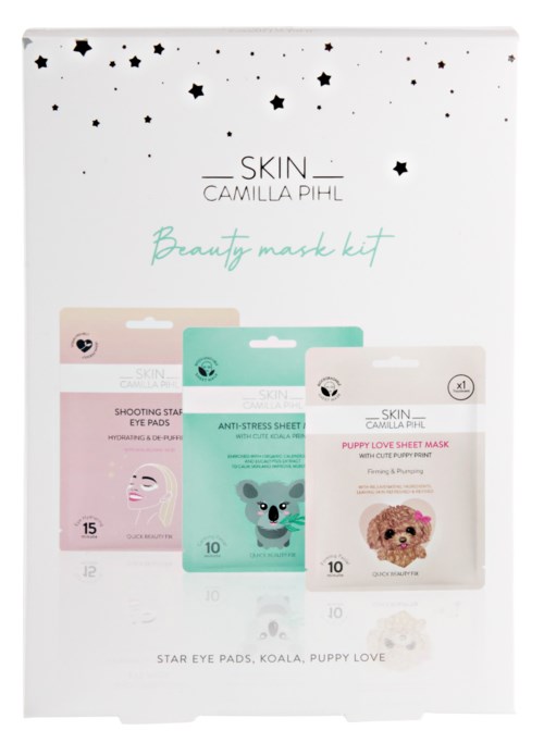 En skjønnhetsmaske med tre forskjellige arkmasker med bilder av et rosa ansikt, en koala og en valp, dekorert med stjerner.