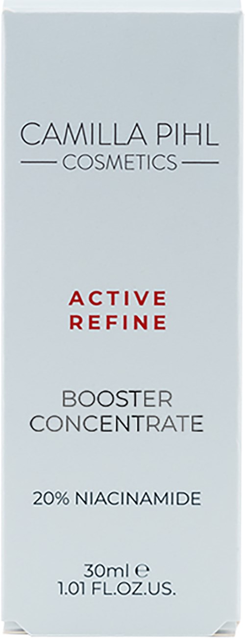 Een verpakking met tekst: Camilla Pihl Cosmetics, Active Refine, Booster Concentrate, 20% Niacinamide, 30 ml.