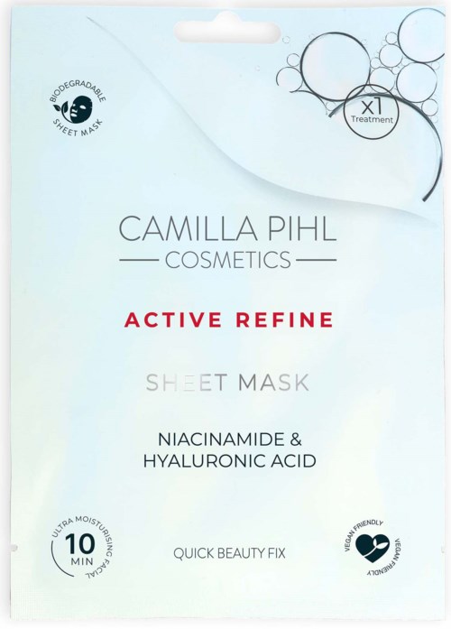Lichtblauw pakket voor een sheet mask met productnaam, kerningrediënten en voordelen.