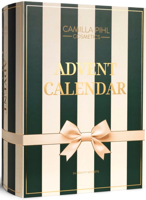 Beauty product packaging resembling an advent calendar with a green and white striped design and a beige ribbon.