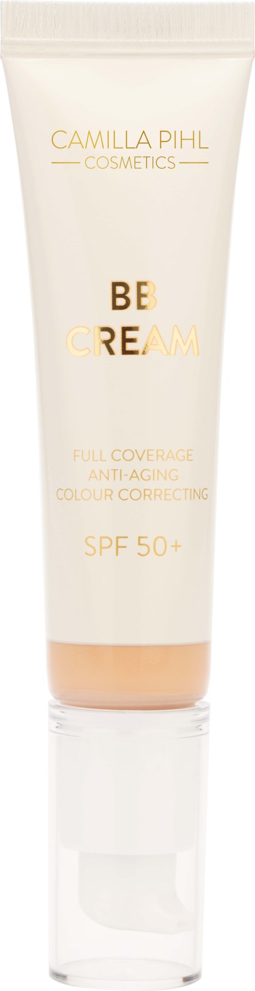 A white tube of skincare cream with gold and pink text, labeled for sun protection with SPF 50+.