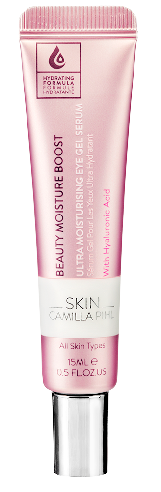Roze tube van huidverzorgingsproduct met 'Beauty Moisture Boost' en 'Camilla Pihl' erop geschreven.