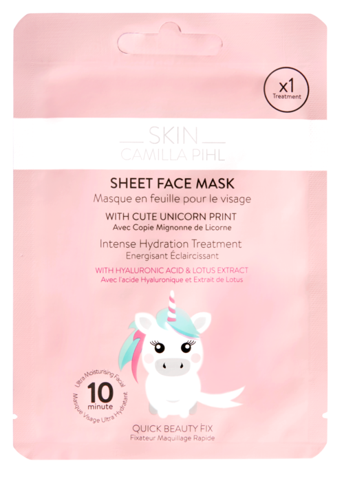 Roze gezichtsmaskerverpakking met schattige eenhoornillustratie en tekst over hydratatie en vocht voor de huid.