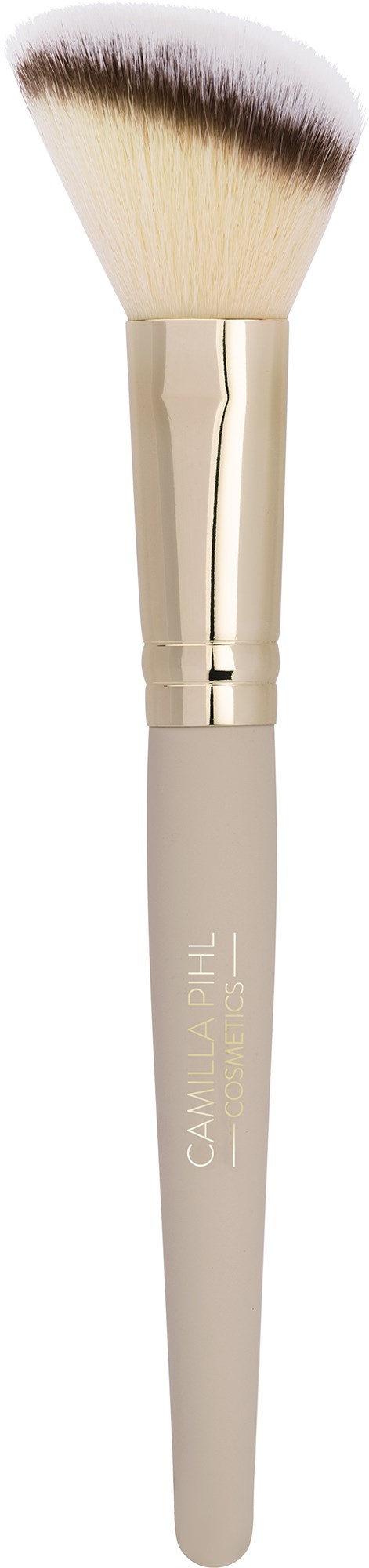 Een grote make-up kwast met witte haren en een zilverkleurige steel.