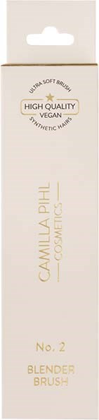 Een lange, witte doos met goud- en zwarte tekst, die een veganistische synthetische haarblenderborstel door Camille Phil Cosmetics aangeeft.