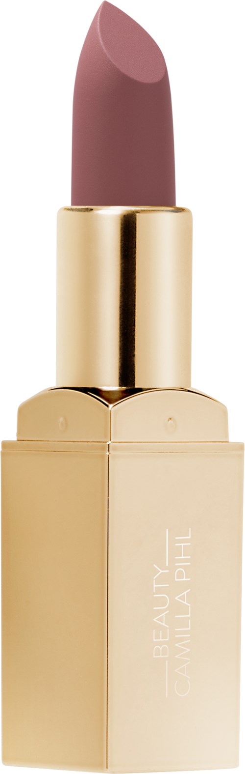 A gold-colored lipstick tube with a soft pink lipstick inside.