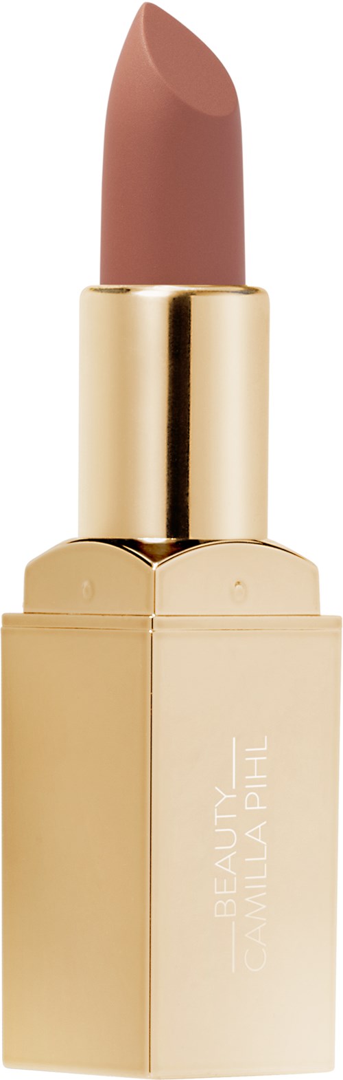 A beige lipstick in a gold case standing upright.