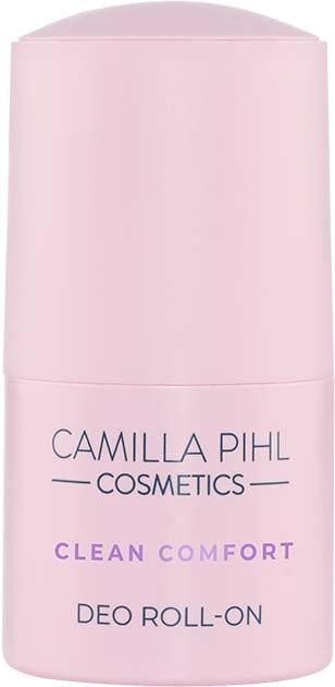 Roze roll-on deodorant met tekst: Camilla Pihl Cosmetics, Clean Comfort en Deo Roll-On.