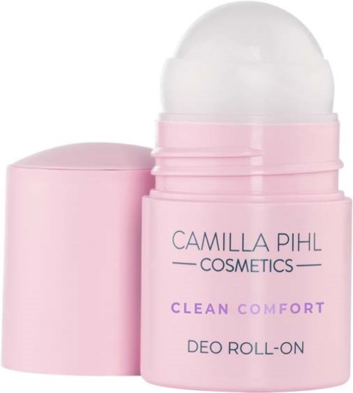 Roze container met een ronde roll-on bal voor deodorant. Tekst zegt Camilla Pihl Cosmetics Clean Comfort. Deksel eraf.