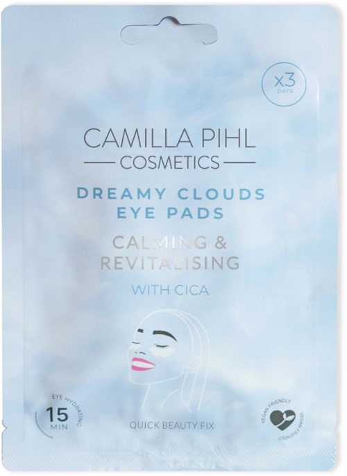 Verpakking voor Camilla Pihl Cosmetics Dreamy Clouds Eye Pads met een gezichtstekenning en gebruiksnotities.