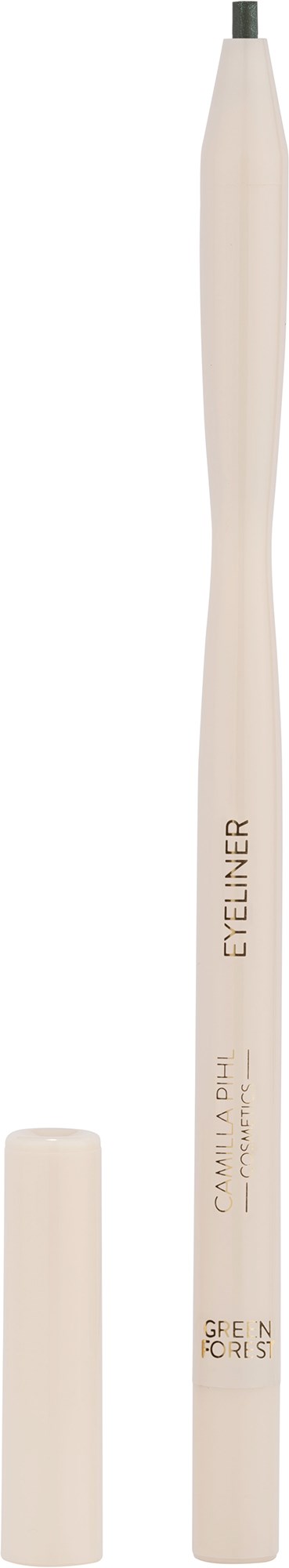 Een witte, slanke oogpotlood met dop, gemarkeerd "Eyeliner" en "Cameo Dip" voor make-upproducten.