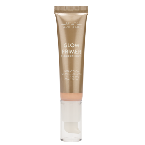 Een beige tube van schoonheidsproduct genaamd Glow Primer met een doorzichtige dop. Het wordt gebruikt om de huid te benadrukken.