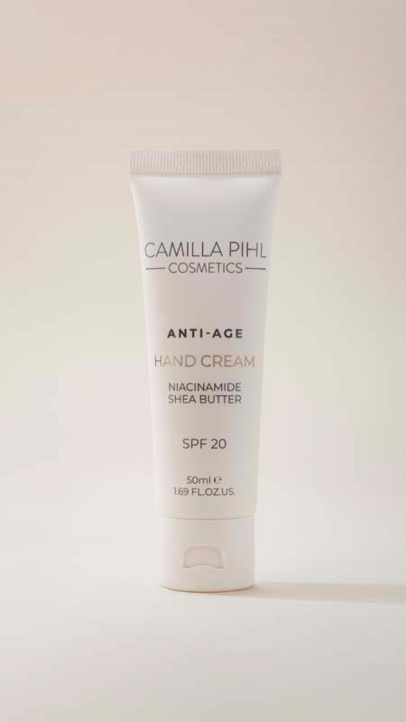Een witte tube antiverouderingshandcrème met SPF 20 staat rechtop op een eenvoudige achtergrond.