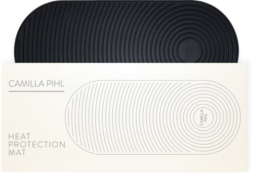 A black heat protection mat with a matching white box displaying the product name and design lines.
