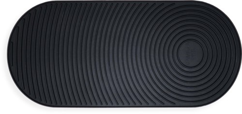 A black oval-shaped non-slip mat with concentric circular grooves.