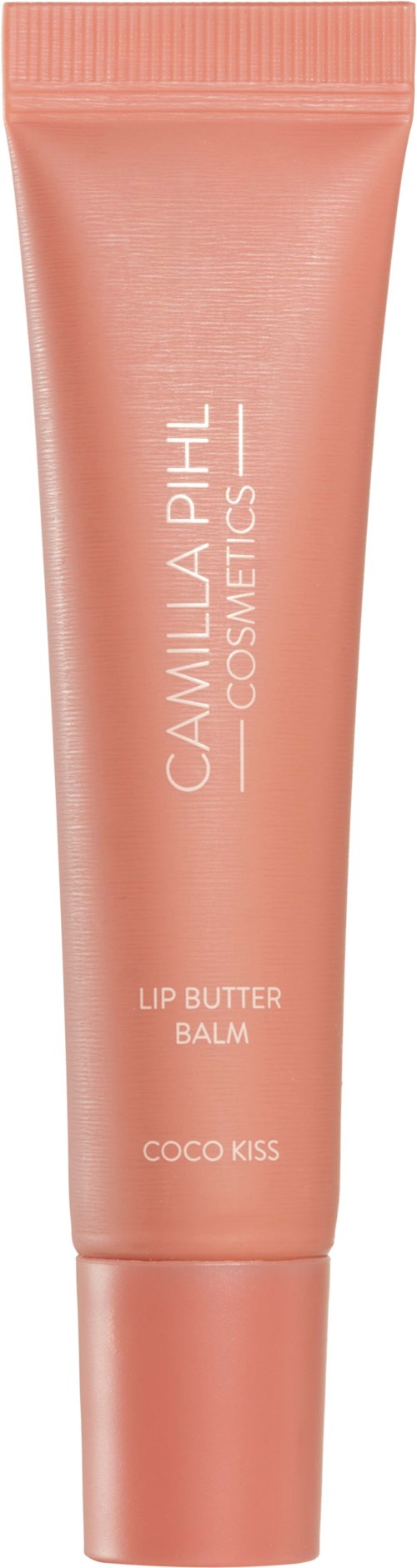 Persikanvärinen putkilo Camille Phil Cosmeticsin huulivoide-balmi etiketeillä 'Coco Kiss'.