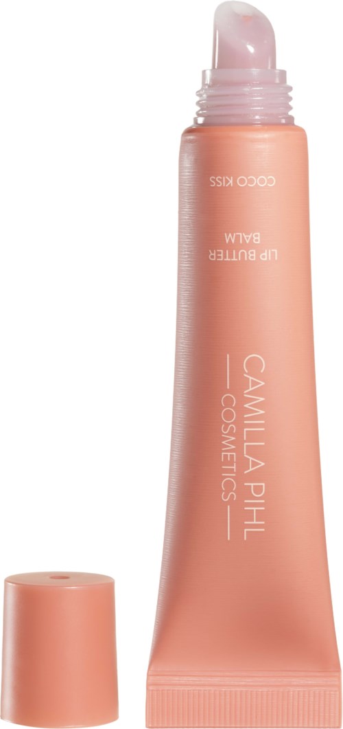 Persikka-värinen putkilo, jossa on kansi, merkinnät 'CAMILLA PHIL COSMETICS' ja 'UP BUTTER BALM'.