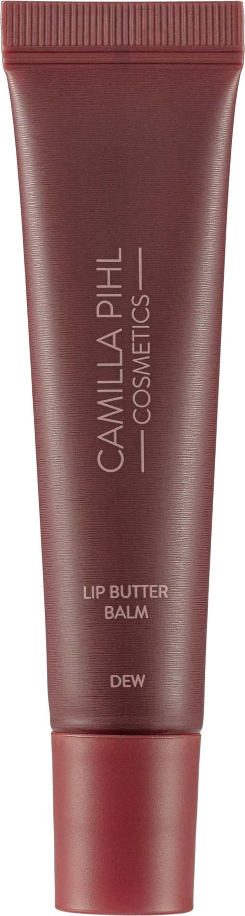 En tube med Camilla Pihl Cosmetics Lip Butter Balm i rosa-farget design med enkel tekst.