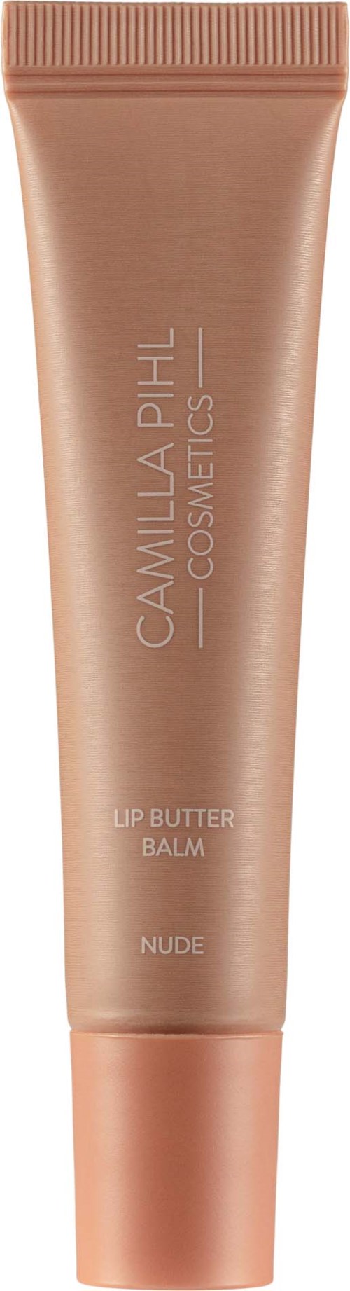 En myk rosa tube fra Camilla Phil Cosmetics lip butter balm merket 'Nude' står oppreist.