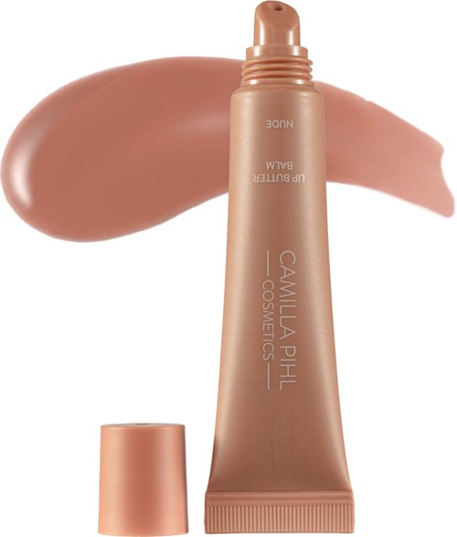 En beige tube med makeup med en farge av foundation under og et lokk ved siden av.