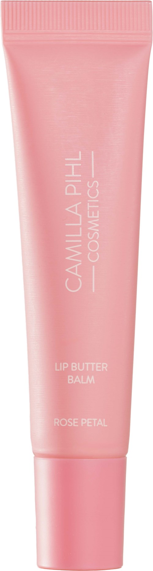 Vaale pinkki huulivoideputki, jossa on valkoinen teksti, nimeltään 'Camilla Pihl Cosmetics, Lip Butter Balm, Rose Petal.'