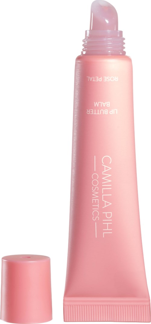 Vaaleanpunainen ihonhoitotuubi ja korkki, merkitty 'Camilla Phil Cosmetics' ja 'Use water-based balm' valkoinen tausta.