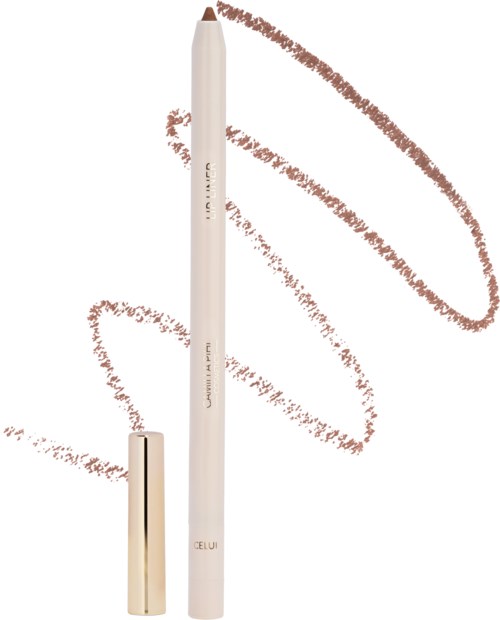 Een witte make-up potlood met een gouden dop, getekend op een witte achtergrond met bruine lijnen.