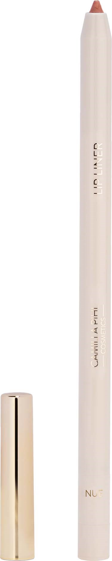 Ein weißer Lipliner mit beigem Deckel, mit Markierungs- und Produkthinweisen. Es hat eine spitze Spitze.