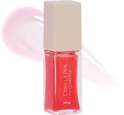Eine Flasche mit rosa Lip-Öl von Camilla Phil Cosmetics, mit beigem Deckel und rosa Flüssigkeit.