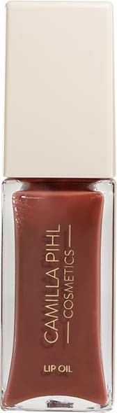 Lippenöl in einer braunrosa Flasche mit weißem Deckel, beschriftet 'Camilla Phi Cosmetics' und 'Lip Oil'.
