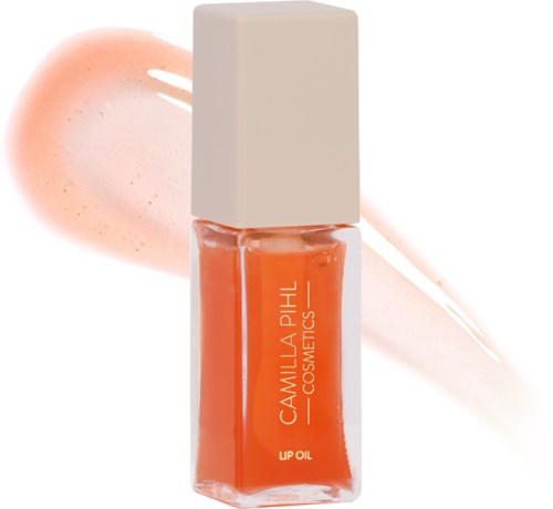 Vibrantoranje lipolie in een doorzichtige fles met een witte dop, merknaam op de fles, met een perzikkleurige lipgloss.