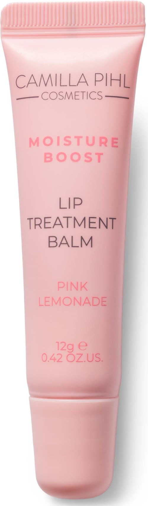Pink tube of lip balm labeled Camilla Pihl Cosmetics, Moisture Boost, Pink Lemonade scent, 12 grams.
