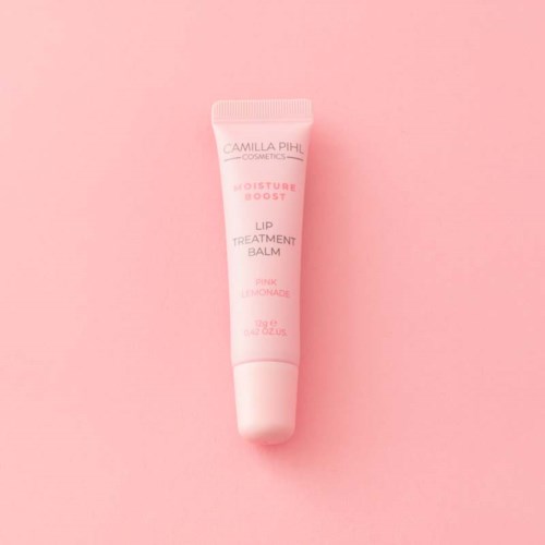 A pink lip balm tube with white and pink text, placed on a light pink background.