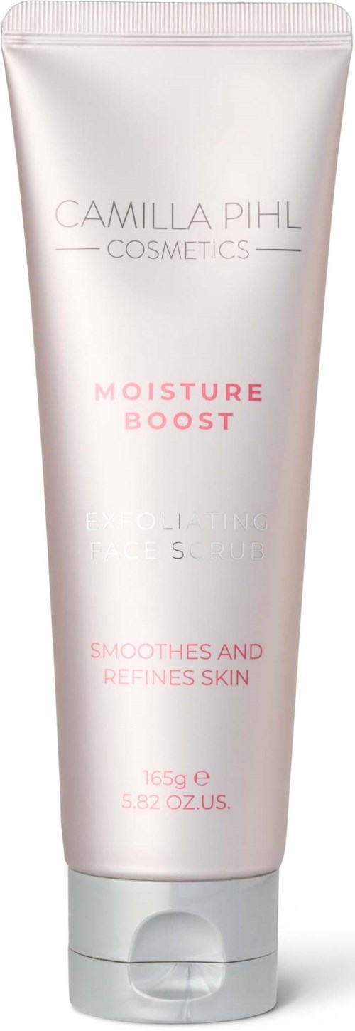 Silvery tube of skincare product, labeled Camilla Pihl Cosmetics Moisure Boost, smooths and refines skin.