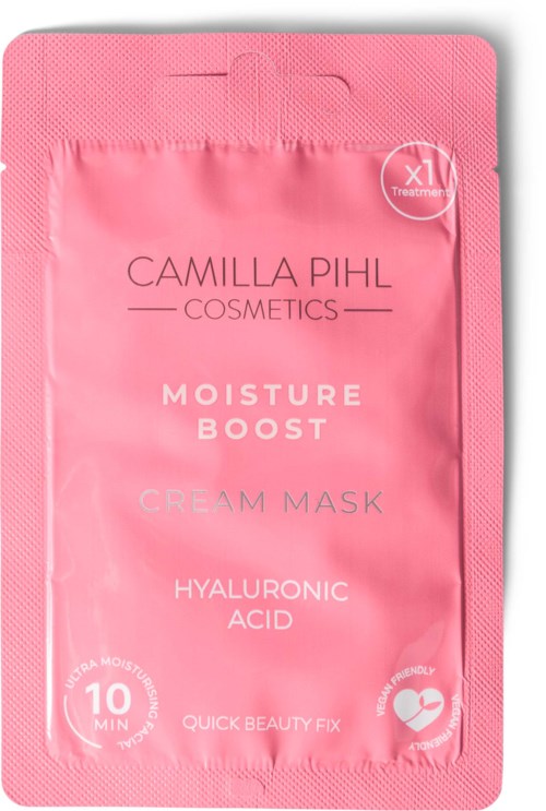 Rosafärgat förpackning för en ansiktsmask med hyaluronsyra från Camilla Pihl Cosmetics, inriktad på fuktboost.