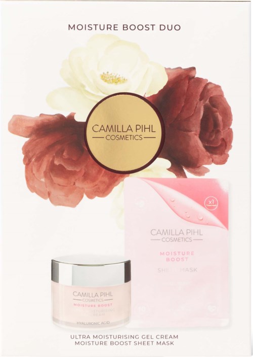 Box with a brand name, image of cream jar, and rose illustrations, promoting a skincare product for moisture and glow.