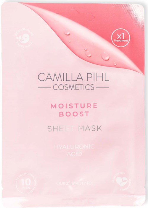 Pak roze gezichtsmasker voor huidverzorging, vermeldt vochtboost met hyaluronzuur, bevat 10 maskers.