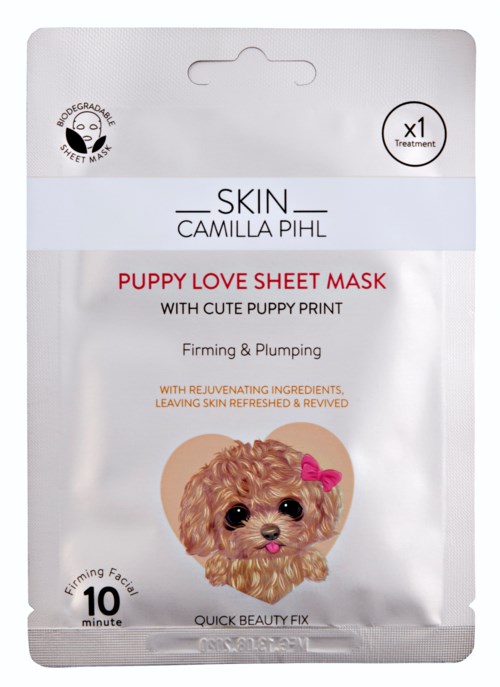 Gezichtsmaske voor puppy's met schattige puppyprint, belooft de huid te verstevigen en te vullen in 10 minuten.