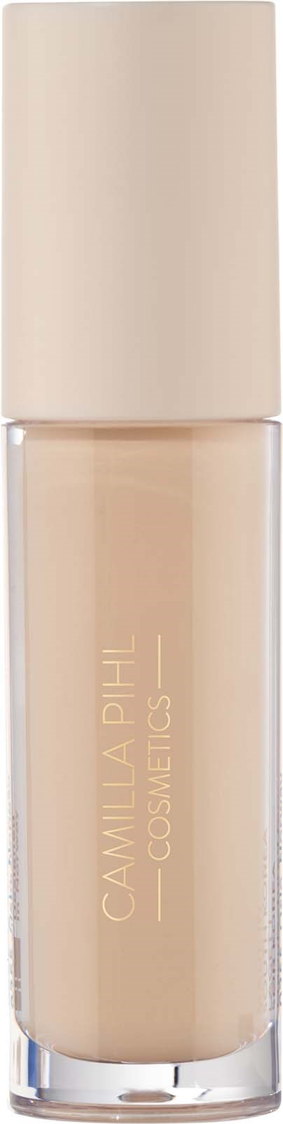 Eine Flasche mit beige Flüssig-Foundation oder Concealer mit weißem Deckel und durchsichtigem Körper, der das Produkt zeigt.