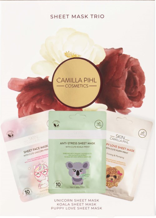 Three sheet masks with colorful cartoon animal designs are displayed, branded as Camilla Pihi Cosmetics.