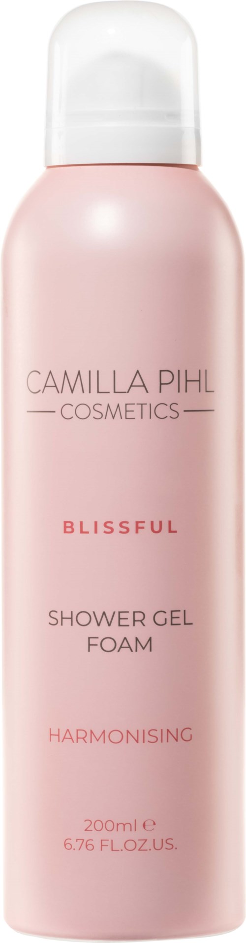 A pink bottle of Camilla Pihl shower gel foam with white cap, labeled Blissful, balancing, 200ml.