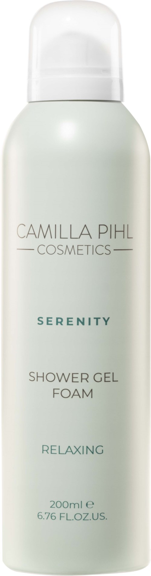 Een witte fles van Camilla Pihl Cosmetics Serenity Douchegel Foam, ontspannende geur, 200 ml.