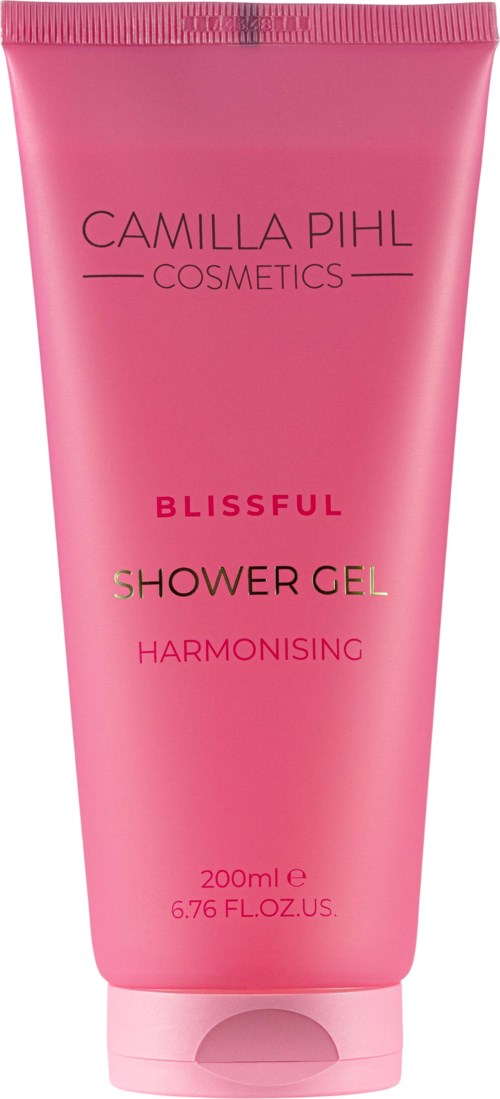 Roze tube met tekst voor Camilla Pihl Cosmetics Blissful Shower Gel, 200 ml, rustgevende geur.