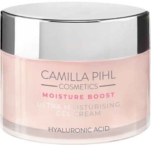 Cosmetische pot met roze crème, zilveren deksel en tekst over vochtboost en hyaluronzuur.