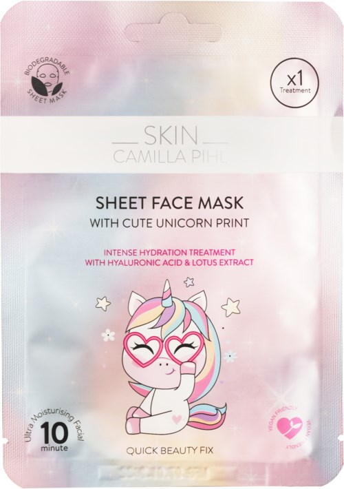 Een schattig eenhoorn gedrukt sheet masker met roze en witte kleuren, toont een lachende eenhoorn met bril en regenboogmanen.