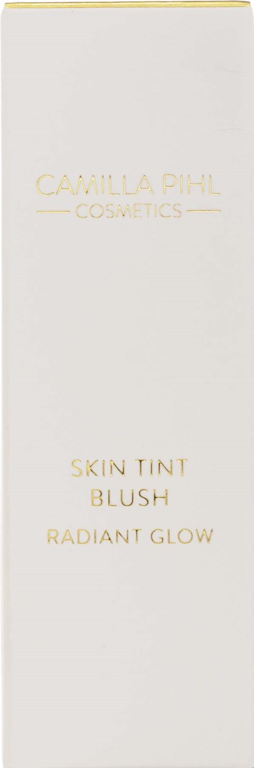 Een wit doosje met gouden tekst voor Camilla Pihl Cosmetics Skin Tint Blush, Radiant Glow.