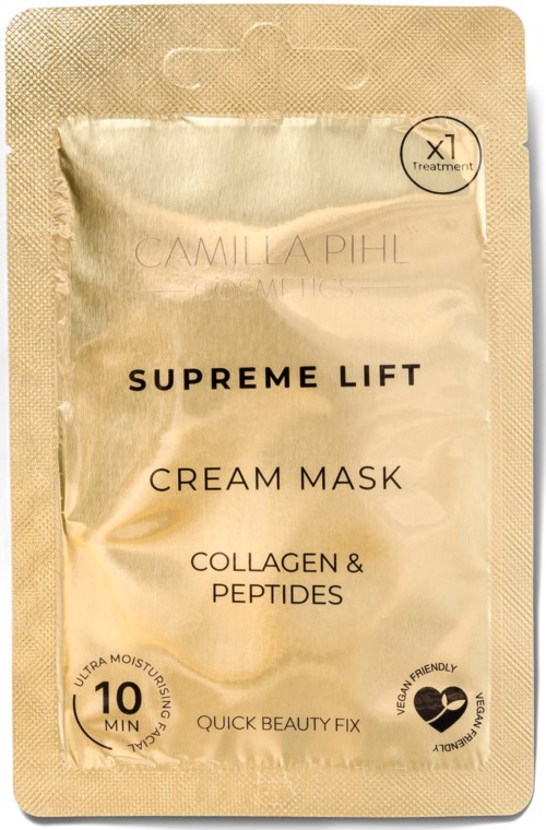 Ett guldfärgat ansiktsmaskpåsar märkt 'Supreme Lift' med kollagen och peptider, för snabb skönhetsförbättring, användning 10 minuter.