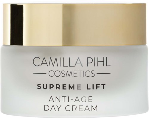 Een witte pot met gouden deksel met opdruk Camilla Pihl Cosmetics Supreme Lift Anti-Age Day Cream.