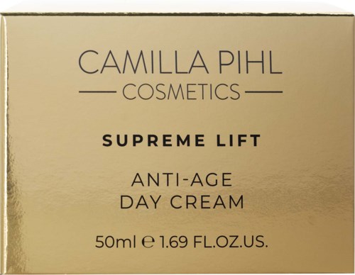 Gouden doos voor Camilla Pihl Cosmetics Supreme Lift anti-aging dagcrème, bevat 50 ml.