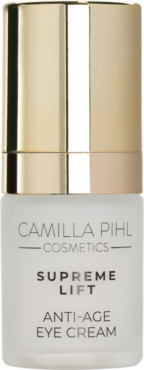 Een kleine fles met een gouden dop en een witte body, gemarkeerd als Camilla Pihl Cosmetics Supreme Lift Anti-Age Eye Cream.
